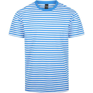 A blue and white striped men's t-shirt featuring a round neckline and short sleeves. It has a logo on the label.