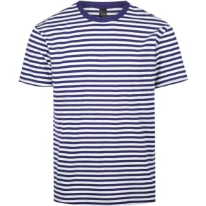 A men's T-shirt featuring horizontal navy and white stripes, with a round neckline and a logo on the label.