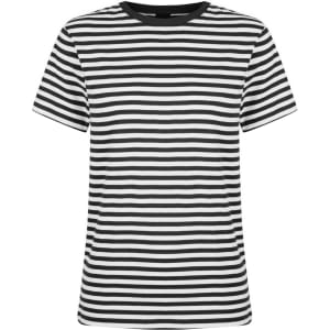 A ladies' T-shirt featuring horizontal black and white stripes, with a crew neckline and short sleeves.