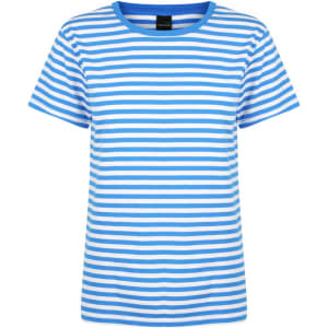 A blue and white striped ladies' t-shirt with a round neckline and short sleeves. It features a brand logo.