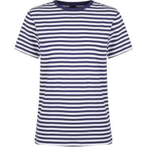 A striped navy and white ladies' t-shirt with a crew neck and short sleeves. It features a simple design and logo.