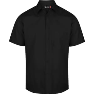 A black short sleeve button-up shirt with a collar and a chest pocket, featuring a logo.