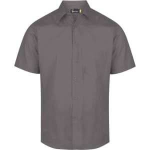 A grey short sleeve button-up shirt featuring a chest pocket and a logo on the collar.