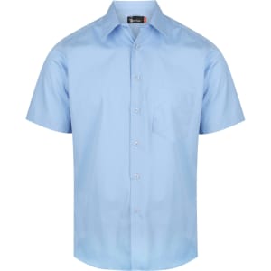 Light blue short sleeve button-up shirt featuring a pocket and a logo on the label.