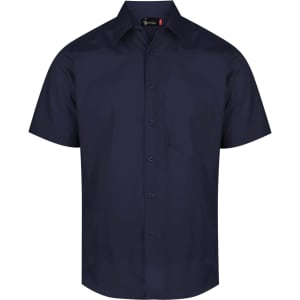 A navy blue short-sleeve button-up shirt with a collar and a logo on the label.