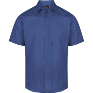 A blue short sleeve button-up shirt with a chest pocket and a logo on the collar.