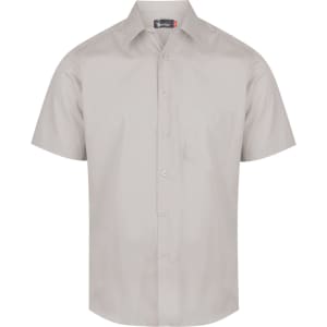 A light grey button-up short sleeve shirt featuring a pocket and a logo detail.