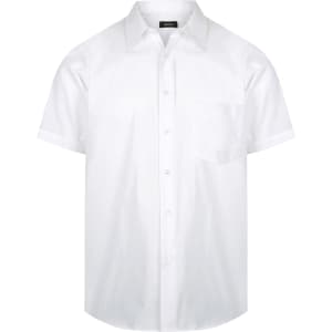 A white short sleeve button-up shirt with a single chest pocket and a brand logo.