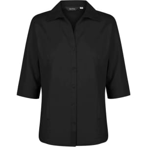 A black ladies' 3/4 sleeve button-up shirt featuring a collar and front button closure.