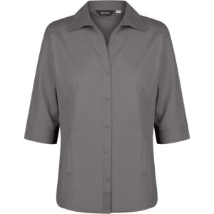 A button-up shirt in grey with 3/4 sleeves and a collar, featuring a logo on the design.
