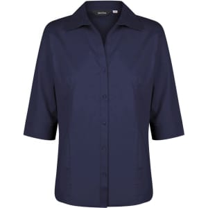 A navy blue ladies' button-up shirt with 3/4 sleeves and a collar, featuring a logo on the label.