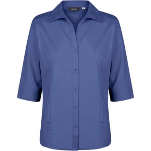 A ladies' button-up shirt with 3/4 sleeves in a deep blue shade, featuring a collar and buttons down the front.