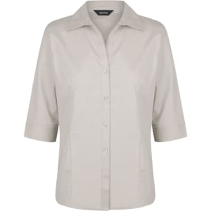 A light grey ladies' 3/4 sleeve button-up shirt with a collared neckline and a logo on the front.