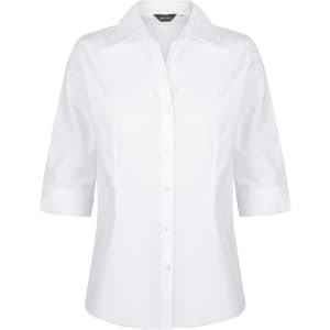 A white button-up shirt with 3/4 sleeves and a collar, featuring a logo.