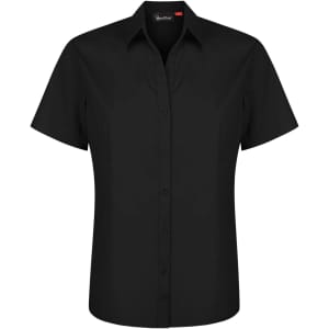 A black short sleeve button-up shirt featuring a collar and a logo.