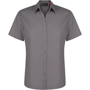 A grey ladies short sleeve button-up shirt with a collar, featuring a logo on the label.