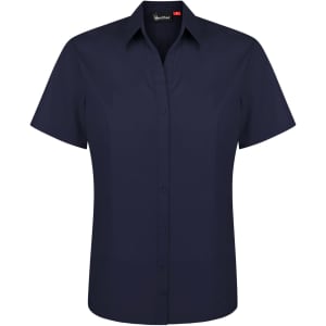 A navy blue button-up short sleeve ladies' shirt with a collar and branding.