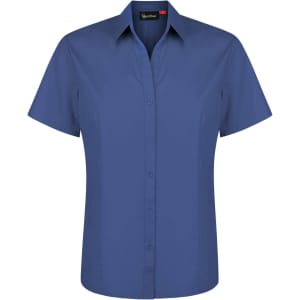 A ladies short sleeve button-up shirt in a deep navy blue colour, featuring a collared neckline and a button front.