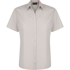 A light grey ladies' short sleeve button-up shirt with a collar and a logo on the label.
