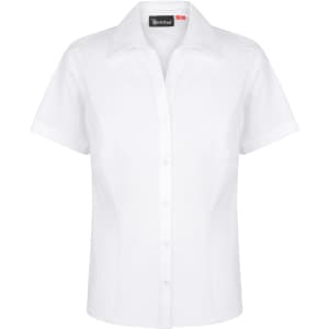 A white short sleeve button-up shirt for ladies, featuring a classic collar and a logo on the inside.
