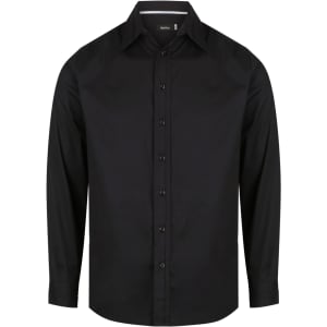 A black long sleeve button-up shirt featuring a classic collar and front buttons. It has a logo on the label.