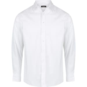 A white long sleeve button-up shirt featuring a collar and a logo on the chest.