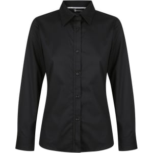A black ladies long sleeve button-up shirt featuring a collar and a front button closure. The shirt has a branding logo.