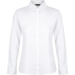 A white ladies' long sleeve button-up shirt featuring a collar and button closure, with a logo on the label.