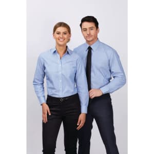 A blue and white striped long sleeve button-up shirt worn by a man and a woman, featuring a logo.