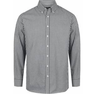 A long sleeve button-up shirt in black and white gingham pattern, featuring a collar and button front.