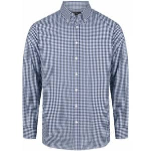 A blue and white checkered long sleeve button-up shirt with a collar and a logo.