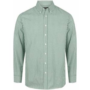 A green and white checked long sleeve button-up shirt with a collar and a branding logo.