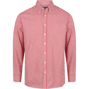 A long sleeve button-up shirt in red and white check pattern with a collar and a logo.