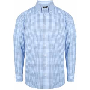 A blue checkered long sleeve button-up shirt with a collar and a logo on the chest.