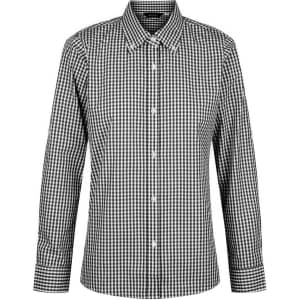A black and white checkered ladies' long sleeve button-up shirt with a collar and branding.