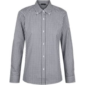 A ladies long sleeve button-up shirt in a black and white check pattern, featuring a logo.