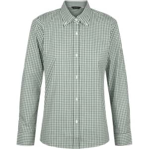 A green and white checked long sleeve button-up shirt featuring a collar and a logo.