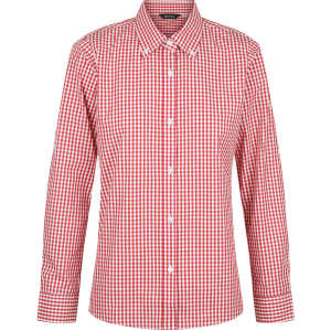 A red and white checked long sleeve button-up shirt with a collar and fitted design. It features a logo.