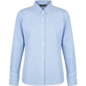 A blue and white checkered long sleeve button-up shirt with a collar and a logo on the chest.