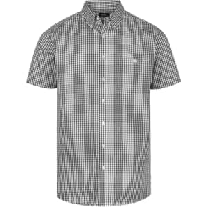 A short sleeve men's button-up shirt in black and white gingham pattern, featuring a small logo on the chest.