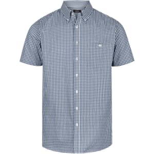 A short sleeve button-up shirt in a blue and white check pattern, featuring a branding logo.