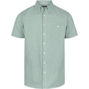 A green and white checked men's short sleeve button-up shirt featuring a logo on the chest.