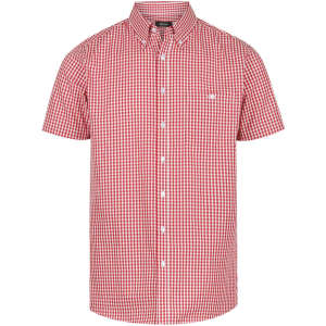 A short sleeve button-up shirt featuring a red and white checkered pattern and a small logo on the chest.