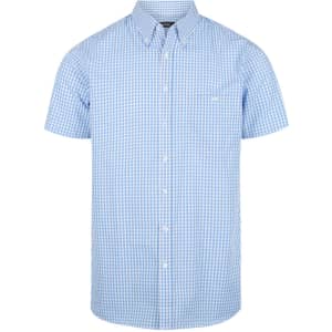 Short-sleeve button-up shirt in light blue and white gingham pattern, featuring a logo on the chest.