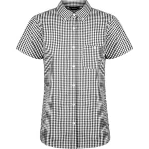 A ladies' short sleeve button-up shirt featuring a black and white check pattern and a single chest pocket.