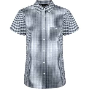 A checked ladies short sleeve shirt in navy and white with a button-up design and a chest pocket.