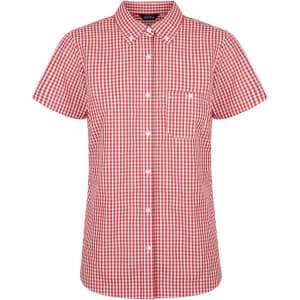 A red and white checkered ladies short sleeve button-up shirt with a pocket and logo.