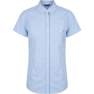 A blue and white checked short sleeve button-up shirt with a pocket and a logo on the chest.