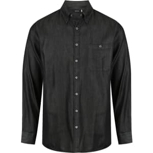 A black long sleeve button-up shirt with a single chest pocket and a collar. It features a logo on the chest.