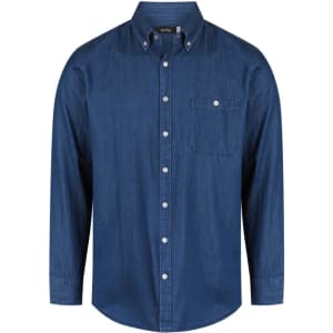 A men's long sleeve button-up shirt in deep blue denim with a front pocket and a collar. Features a logo.